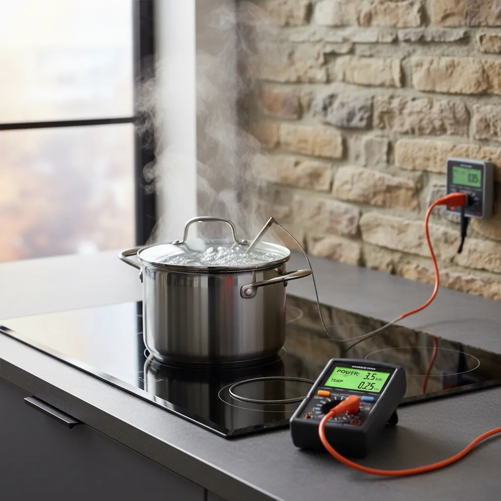Induction cooktop boiling a stockpot at high power with a calibrated thermocouple in the water for energy-use measurement