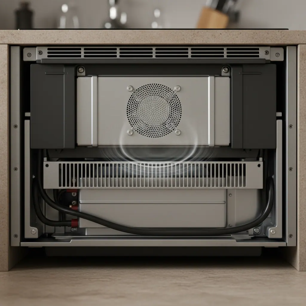 Underside view of an induction cooktop showing the internal cooling fan vent and airflow grille below the inverter module
