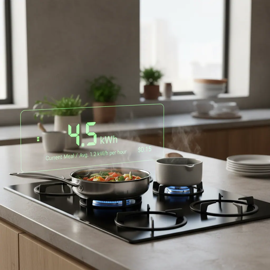 Induction cooktop with smart energy meter overlay showing kilowatt-hour consumption during cooking