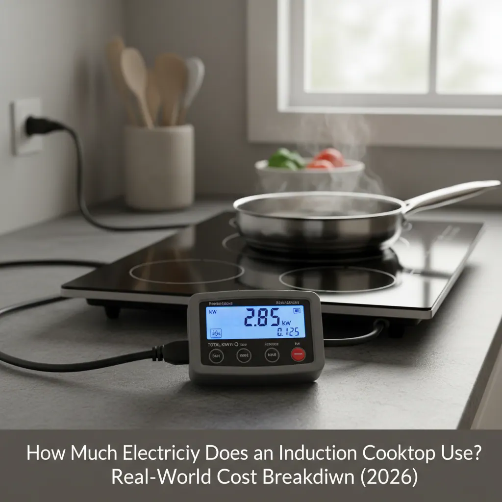 Digital power-analyzer meter logging real-time kilowatt draw from an induction cooktop during a cooking test