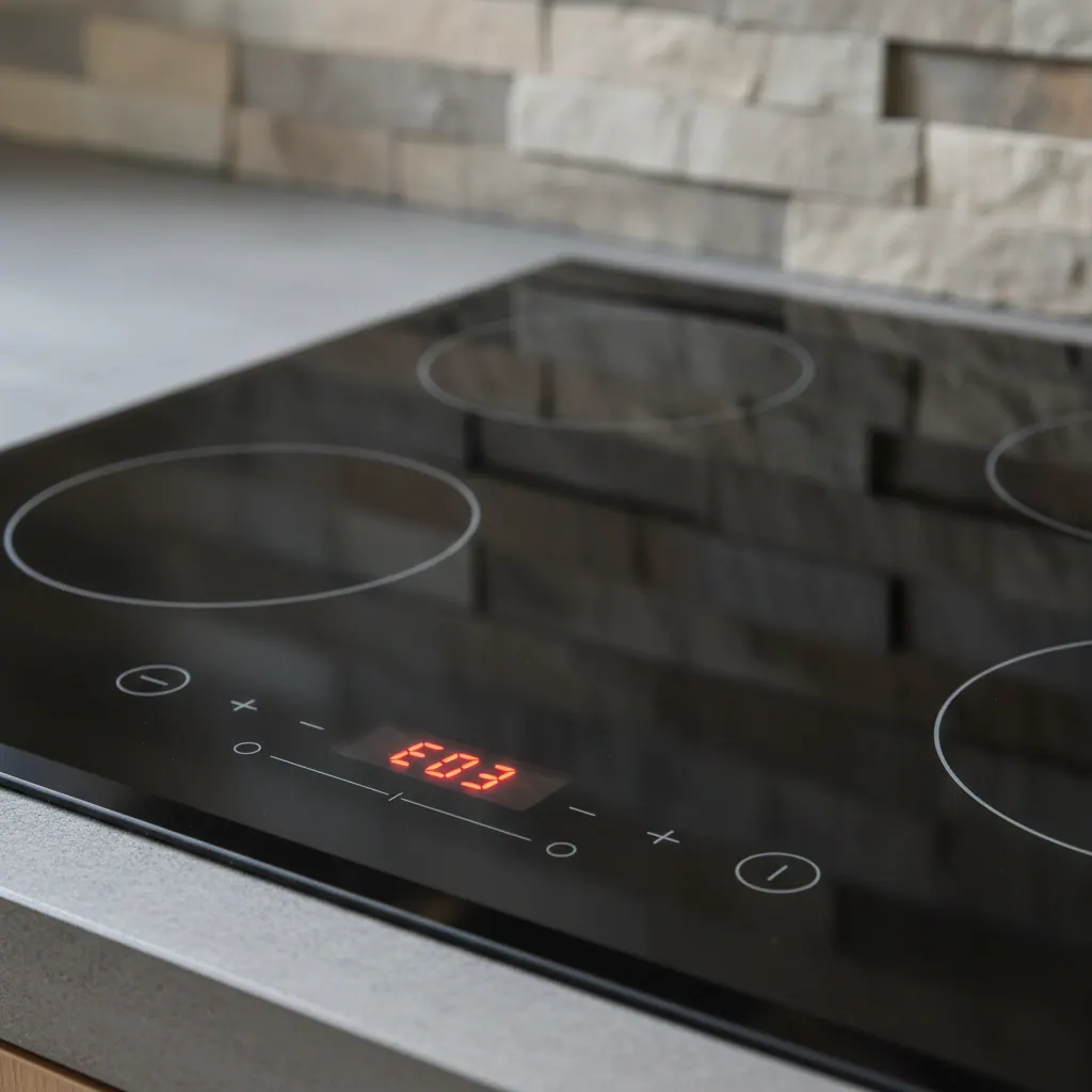 Close-up of an induction cooktop touch control showing an illuminated error code on the digital display