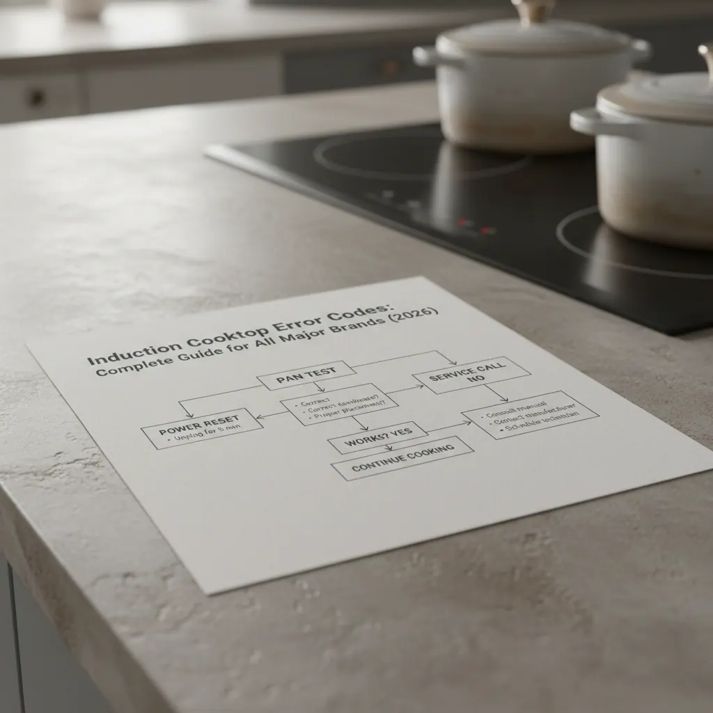 Step-by-step induction cooktop troubleshooting flowchart showing power reset then pan test then service call decisions