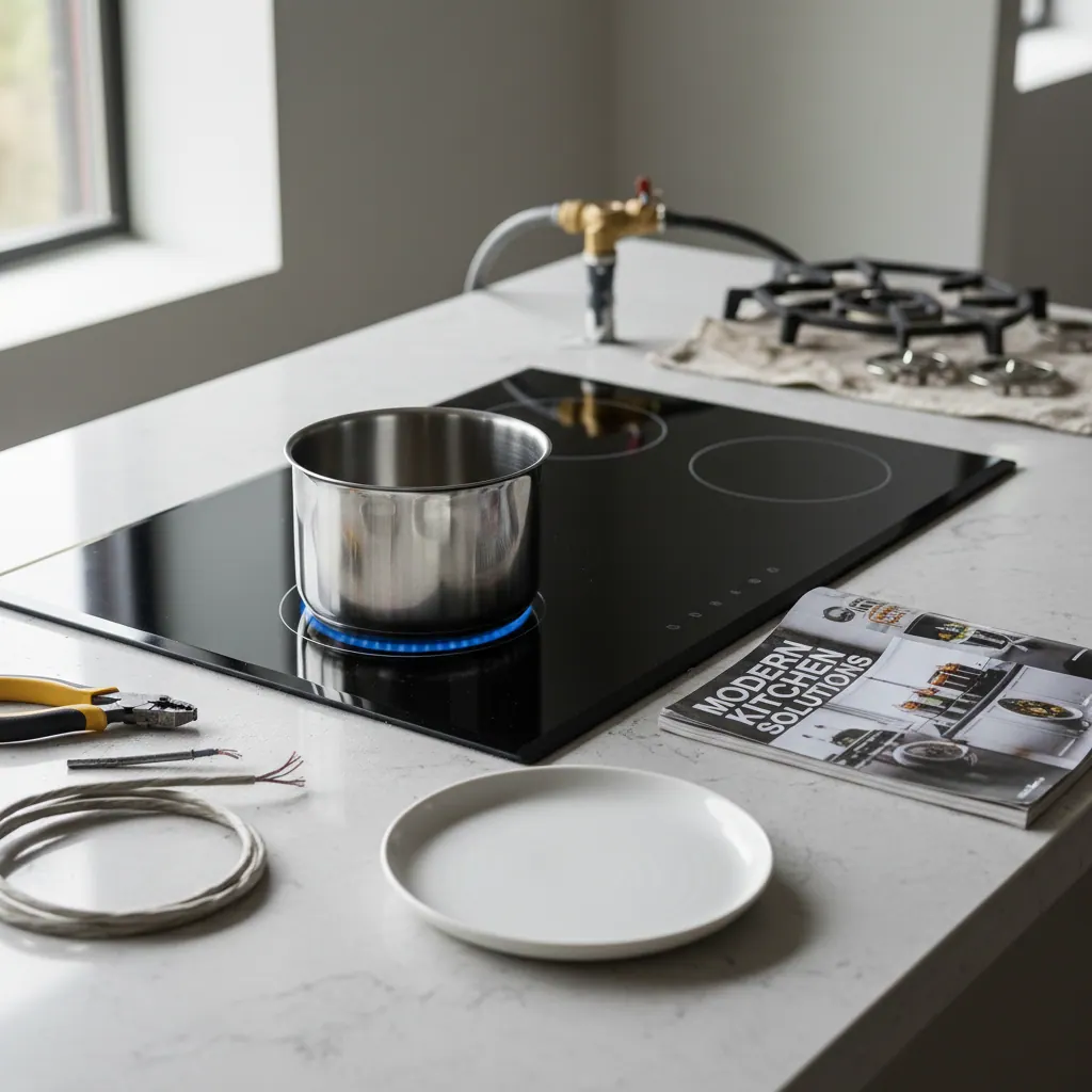 Newly installed 30-inch induction cooktop dropped into a quartz countertop replacing a previous gas cooktop