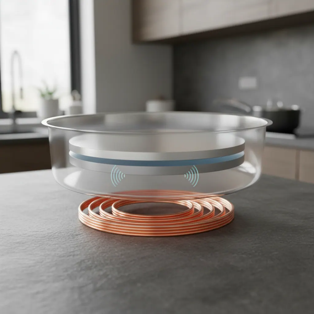 Cross-section illustration of a multi-layer stainless pan base on an induction coil showing the vibration source of cooktop humming