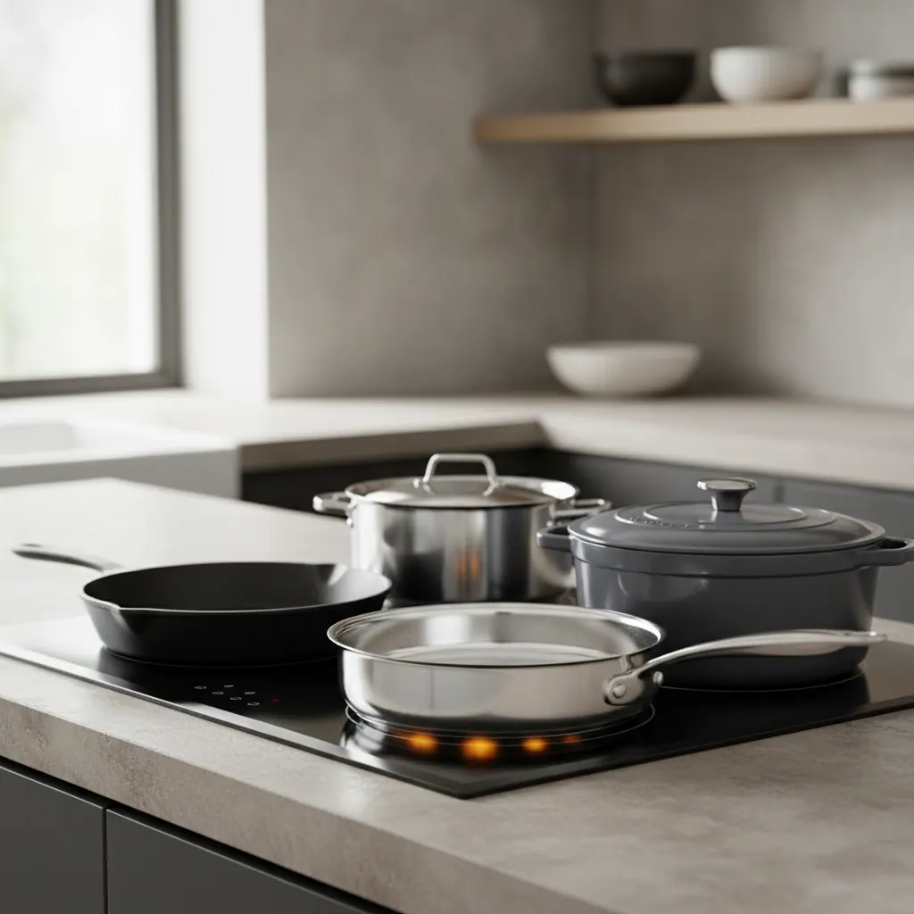 Assorted induction-compatible pans — cast iron, stainless steel, enameled cast iron — on a sleek black induction cooktop