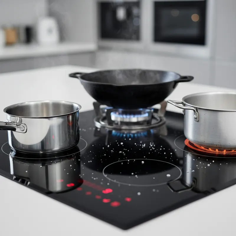 Induction vs Gas vs Electric cooktop comparison — illustration