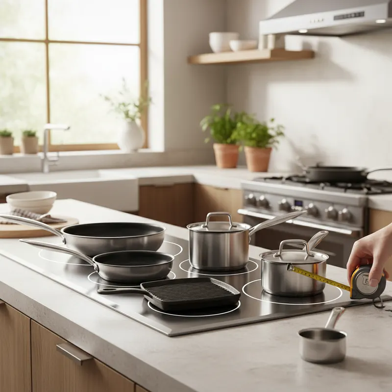 Induction cooktop pan size measured against a glowing cooking zone