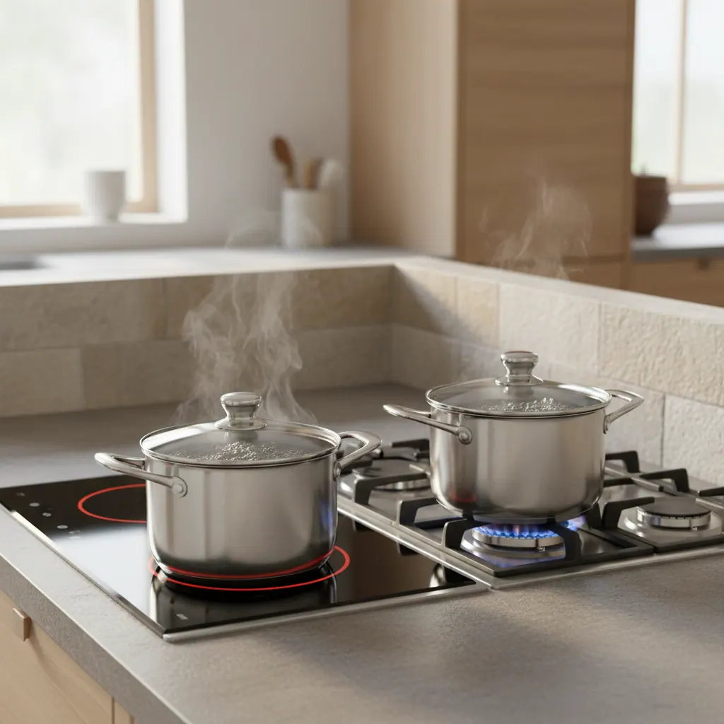 Induction and gas cooktops side by side with water pots boiling for a comparison test