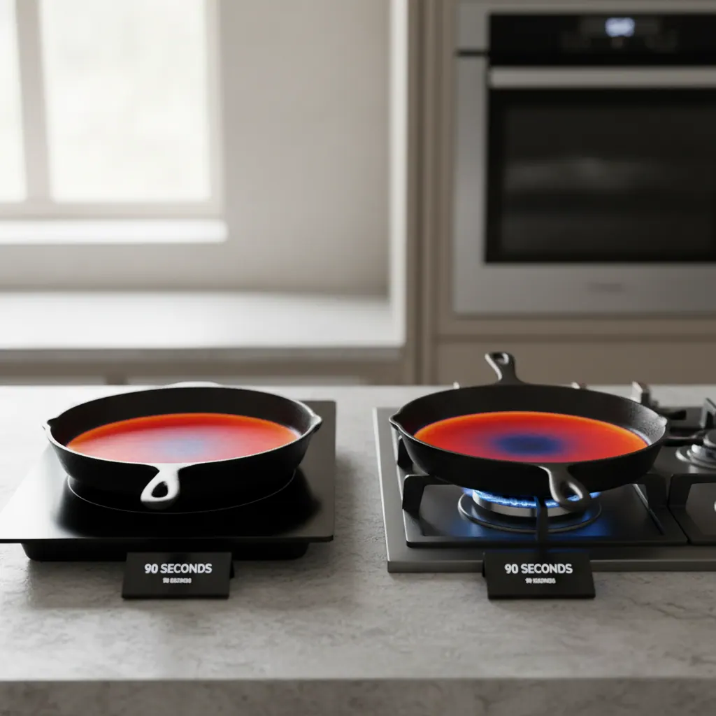 Thermal imaging side-by-side of cast iron pan on induction at 90 seconds versus gas at 90 seconds showing even versus ring heat