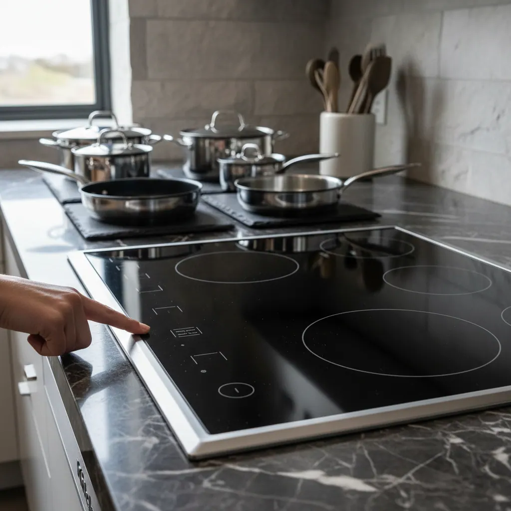 KitchenAid KECC664BBL premium electric cooktop with capacitive touch sliders on a dark marble countertop