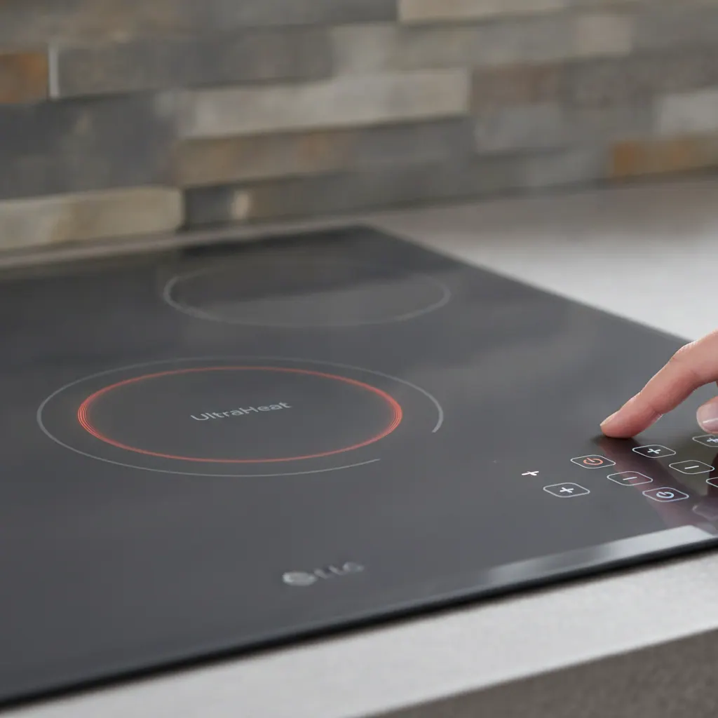 LG STUDIO induction cooktop close-up showing UltraHeat zone and touch controls