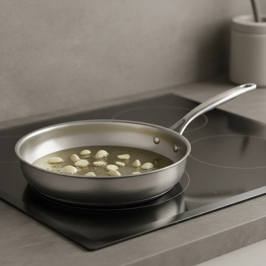 Made In 10-inch stainless clad frying pan on an induction cooktop with garlic and olive oil
