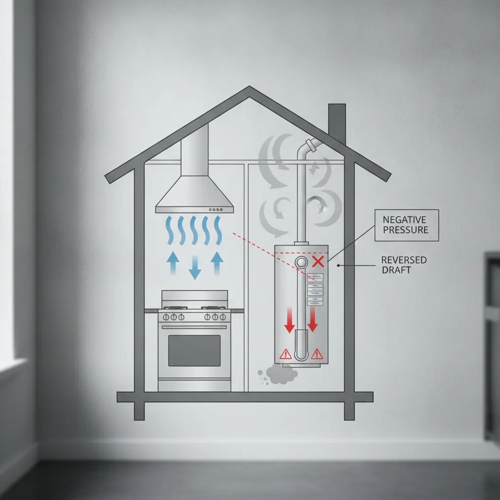Airflow diagram showing negative pressure reversing the draft in an atmospherically vented water heater flue
