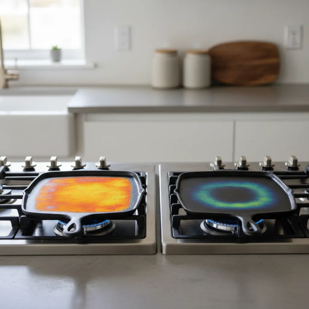 FLIR thermal imaging comparison of oval versus round center gas burners under a 12-inch griddle pan showing heat distribution patterns