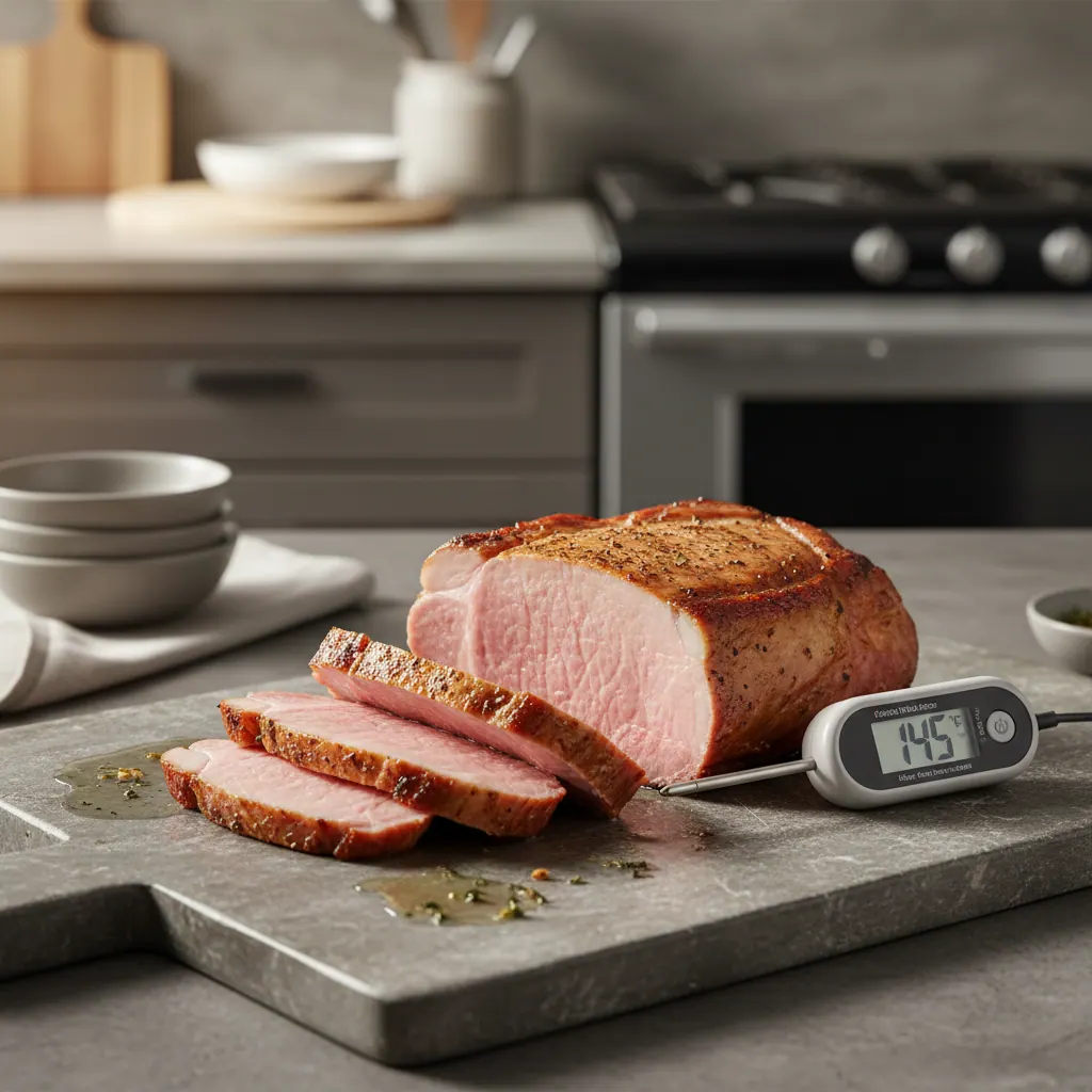 Bone-in pork chop being sliced on a cutting board showing pink interior with thermometer reading 145 degrees medium