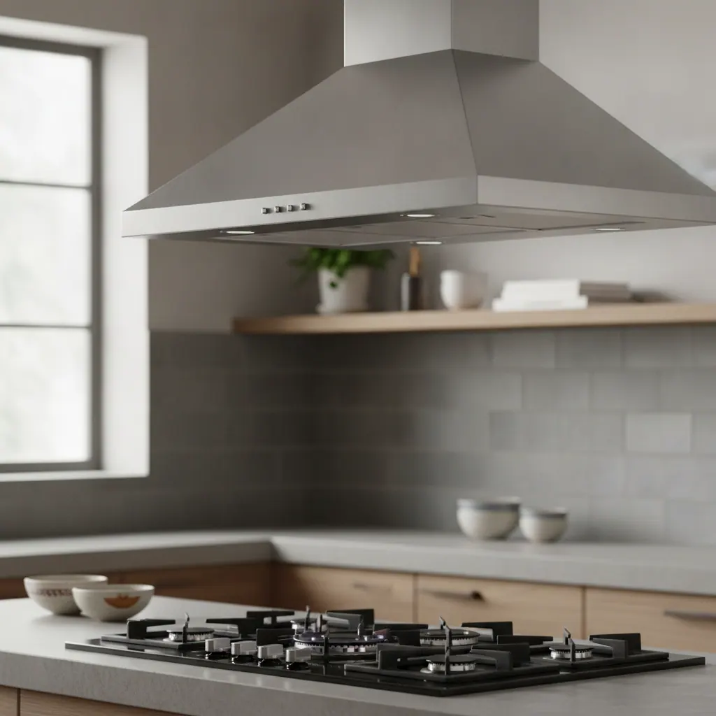 Stainless steel wall-mounted range hood above a lit gas cooktop in a modern kitchen
