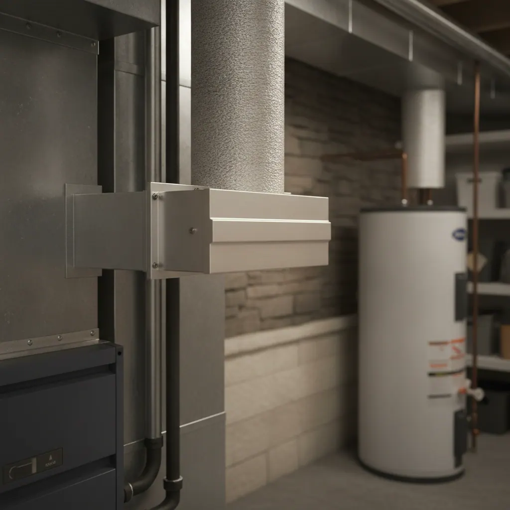 Motorized makeup air damper and insulated duct installed in a basement mechanical room beside a water heater