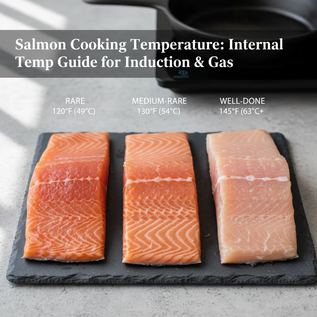 Overhead view of salmon fillet with three sections showing rare, medium-rare, and well-done flake patterns labeled with internal temperatures