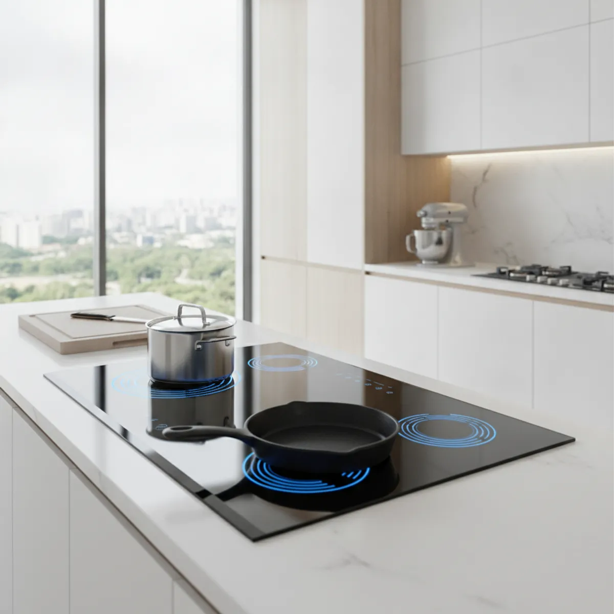 Samsung induction cooktop with virtual flame technology in a bright kitchen