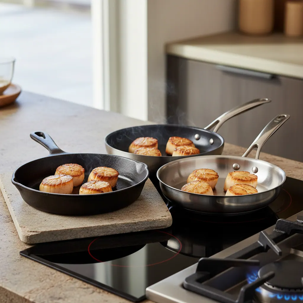 Cast iron pan, carbon steel pan and stainless tri-ply pan side by side with three scallops in each showing pan choice for searing
