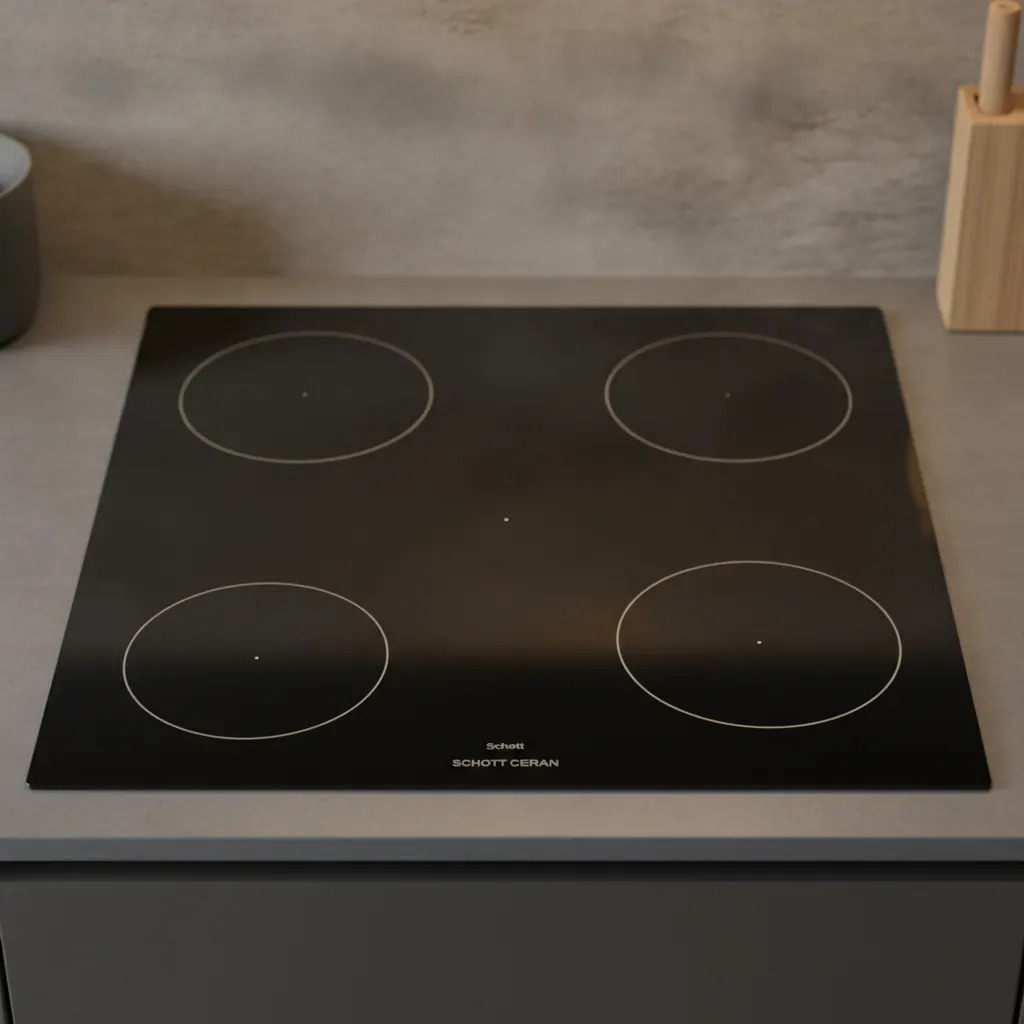 Close-up of a black glass-ceramic induction cooktop surface showing the smooth Schott Ceran style panel