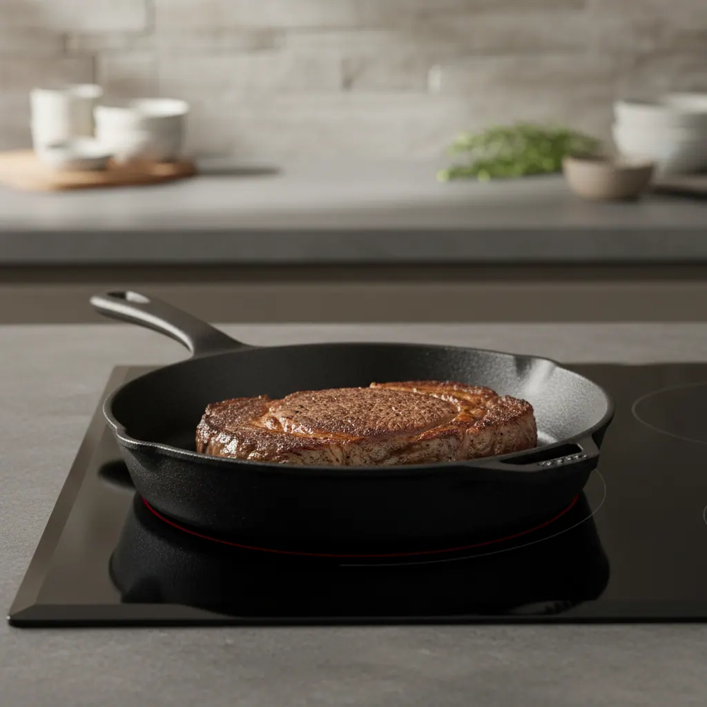 Ribeye steak searing in a cast iron skillet on an induction cooktop with a brown crust forming
