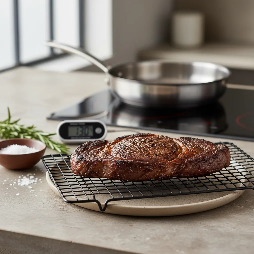 Perfectly seared ribeye with deep brown Maillard crust resting on a wire rack after induction cooking