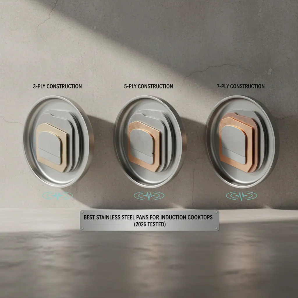 Cross-section diagram comparing 3-ply, 5-ply and 7-ply stainless pan construction for induction cooking