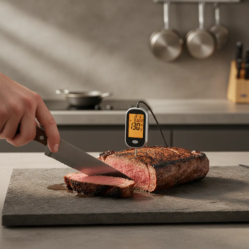 Perfectly cooked ribeye steak being sliced on a cutting board with a meat thermometer showing 130 degrees medium rare
