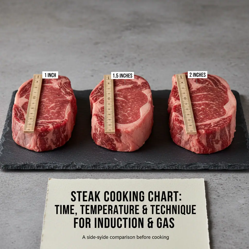 Steak thickness comparison showing 1-inch, 1.5-inch and 2-inch ribeye steaks side by side with measurements before cooking