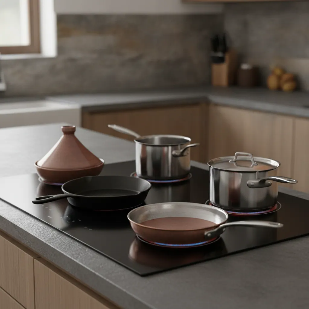 Thermador Freedom Induction full-surface cooktop with multiple pans on a seamless black glass surface