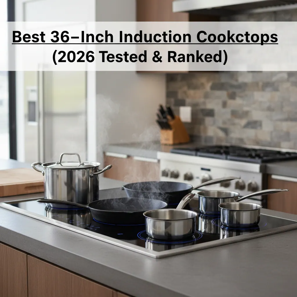 Thermador Freedom full-surface induction cooktop with multiple pans of different sizes cooking simultaneously on the continuous glass surface