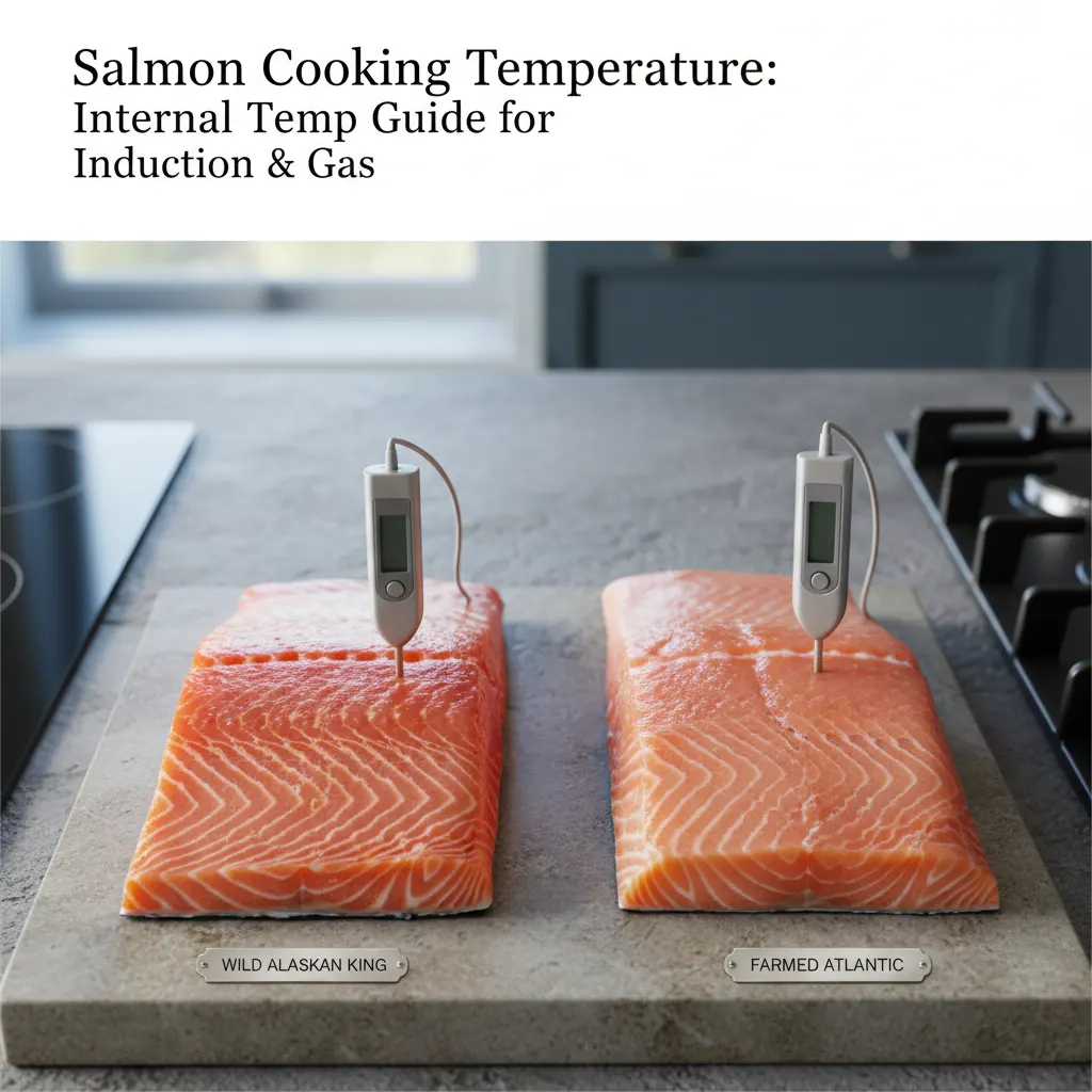 Side-by-side comparison of wild Alaskan king salmon and farmed Atlantic salmon fillets showing color and fat marbling differences