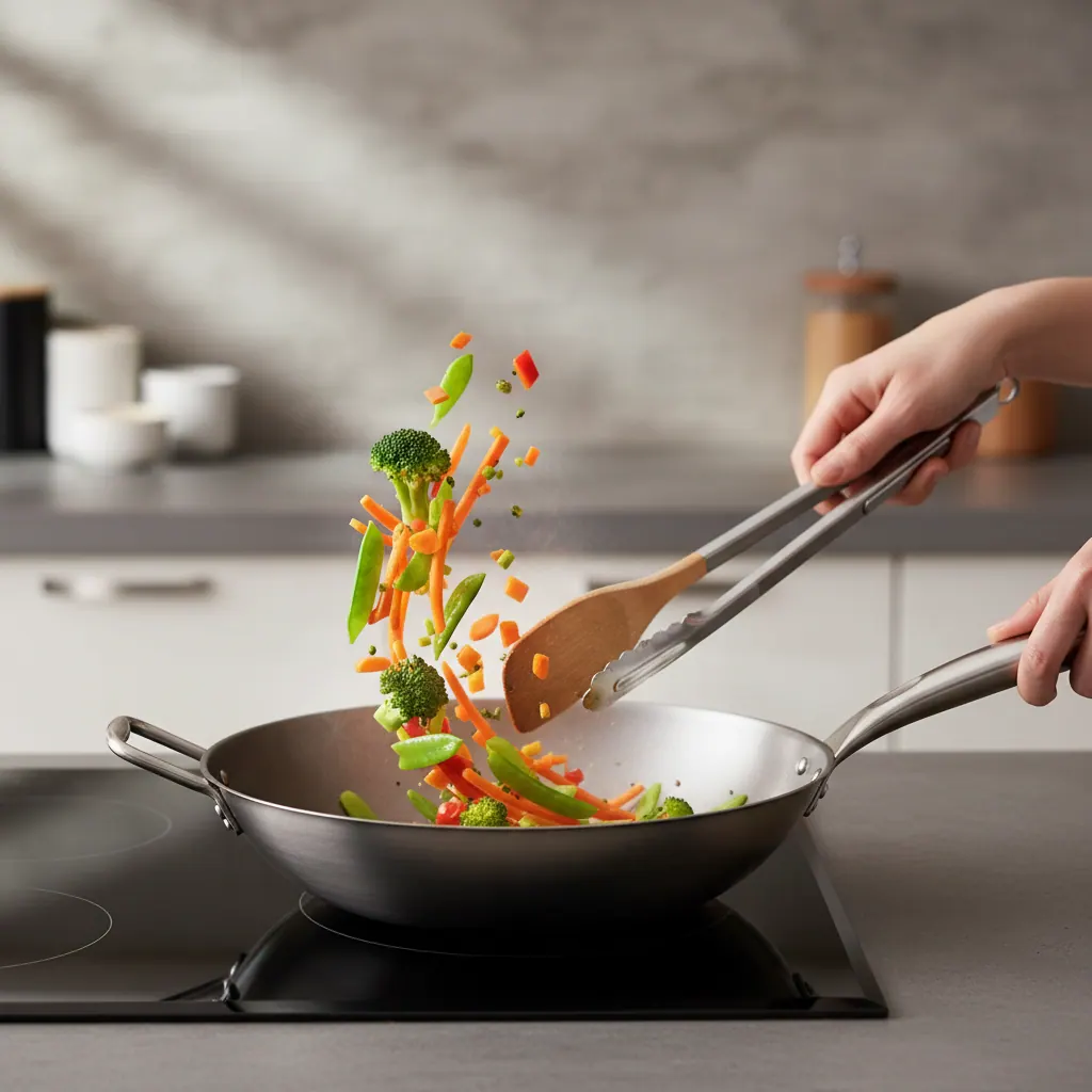 Flat-bottom carbon steel wok stir-frying vegetables on an induction cooktop with high heat