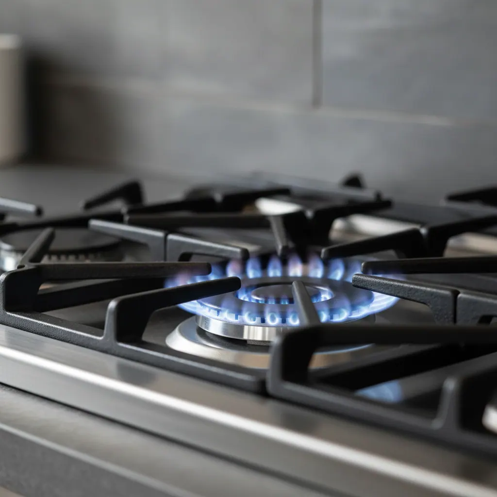 Wolf CG304T/S dual-stack burner detail showing inner micro-ring and outer flame ring at simmer setting