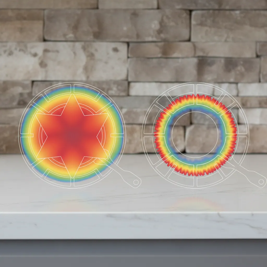 Thermal imaging comparison showing Thermador Star burner even heat distribution versus Wolf circular ring burner hot spots