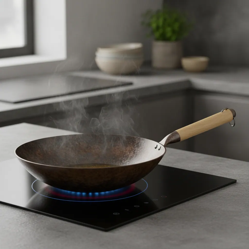 Yosukata flat-bottom carbon steel wok seasoned and heating on a flat-glass induction cooktop